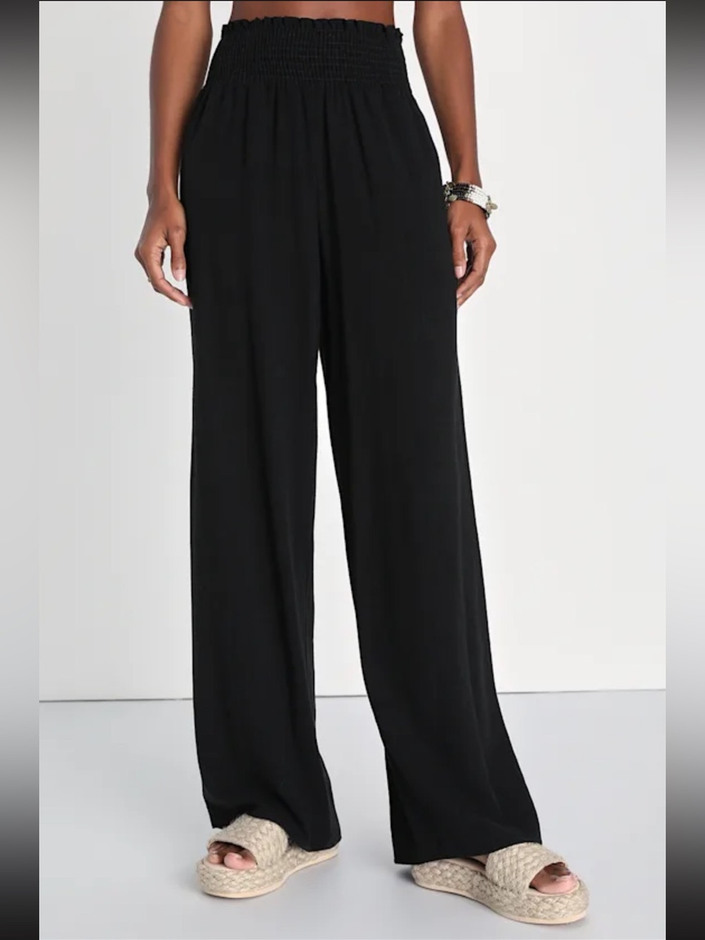 Lulus Hit The Breeze Black Smocked Wide-leg Pants - Size S